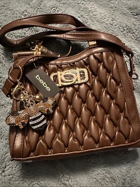 bebe Quilted Chocolate Brown Shoulder Bag with Gold Hardware and Bee Charm